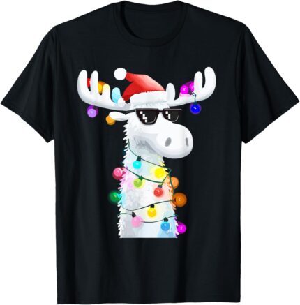 Funny Christmas Moose with Sunglasses and Holiday Lights