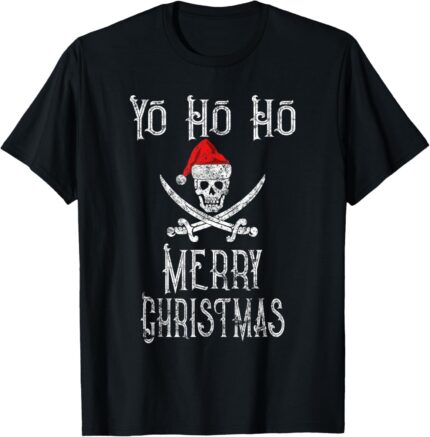Holiday Pirate Yo Ho Ho Merry Christmas Santa Hat Boating T Shirt